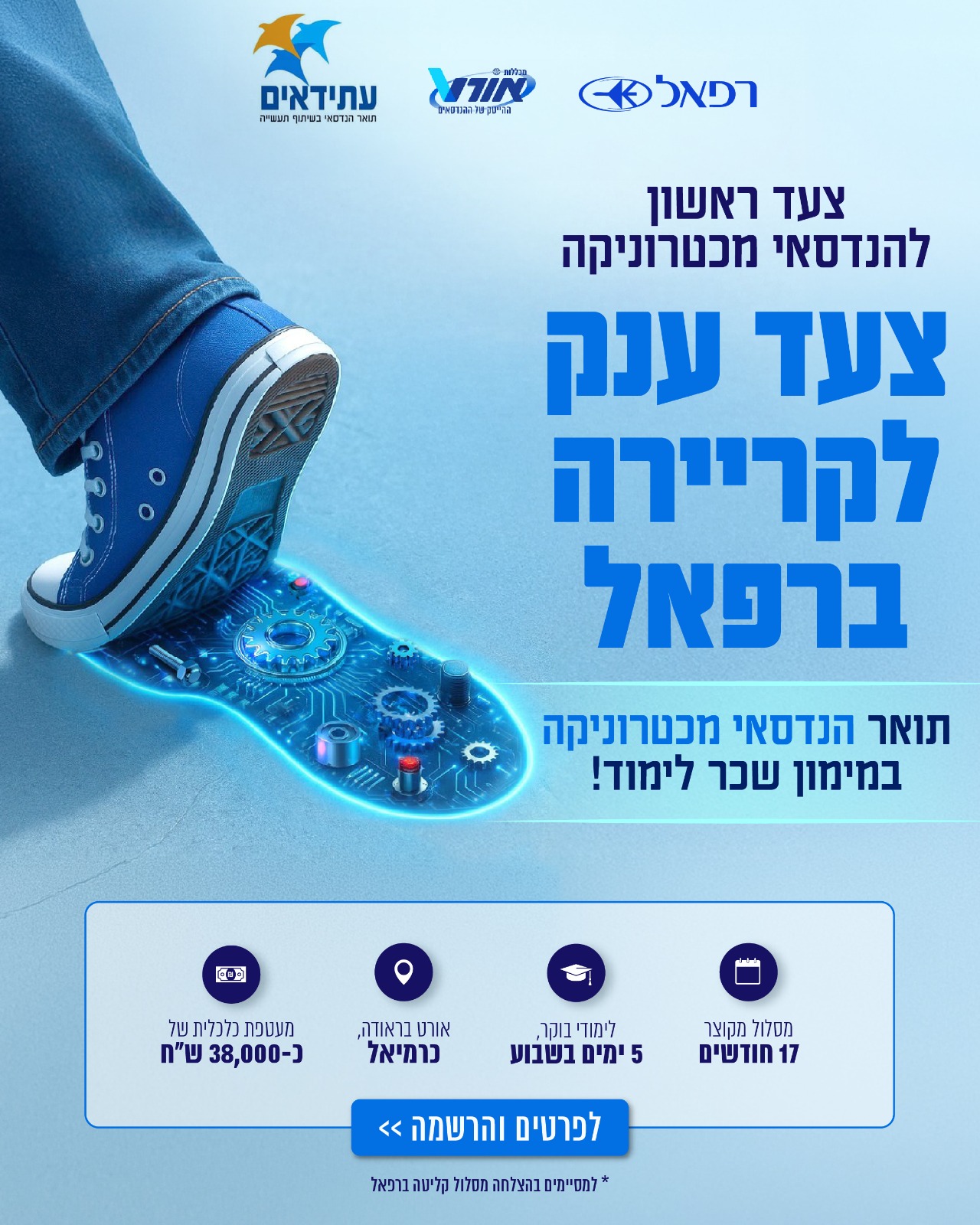 צעד ראשון להנדסאי מכטרוניקה, צעד ענק לקריירה ברפאל. מסלול מקוצר 17 חודשים, 5 ימים בשבוע, אורט בראודה כרמיאל, מעטפת כלכלית של כ-38,000 שח